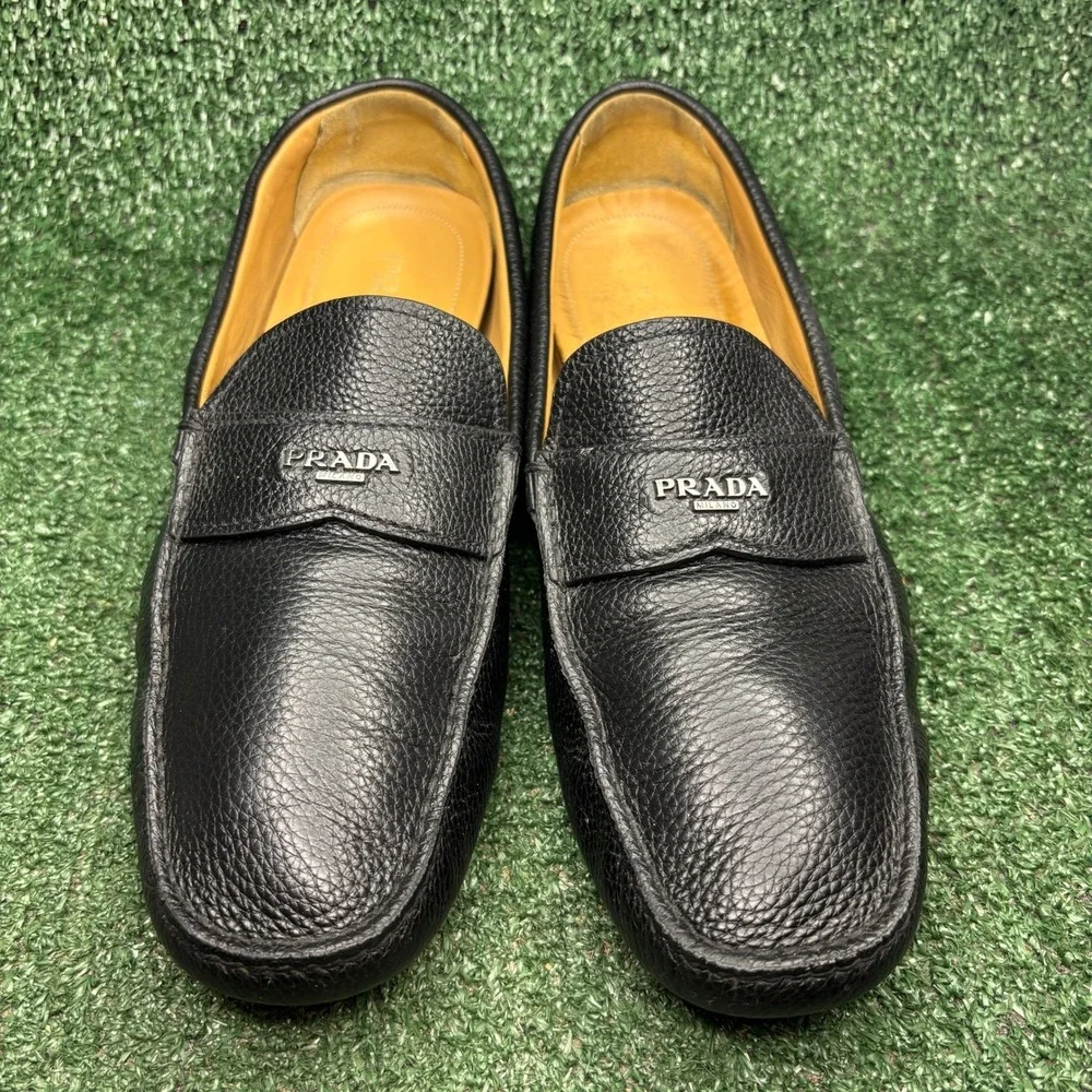 Prada Grained Leather Logo Penny‎ Driving Loafer Luxury Slip On Black Mens Sz 12